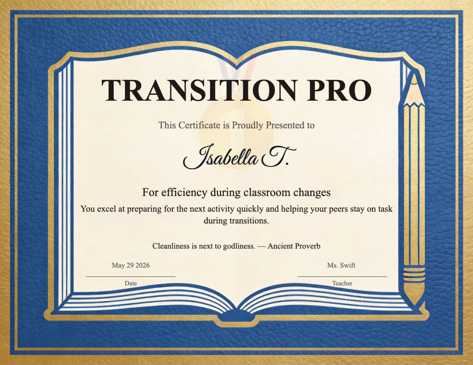 Blue Leather-Bound Book Certificate with Gold Pencil