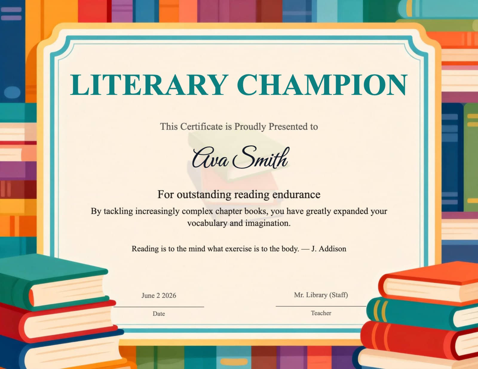 Bookshelf-Themed Literary Champion Certificate