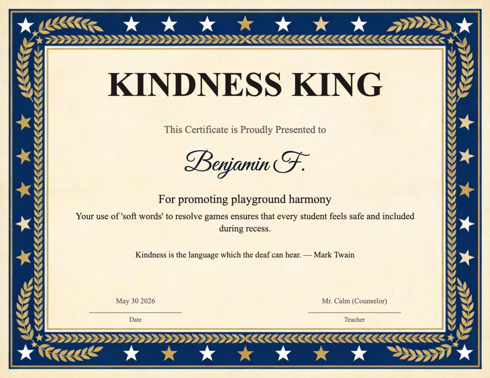 Classic Blue & Gold Kindness King Certificate