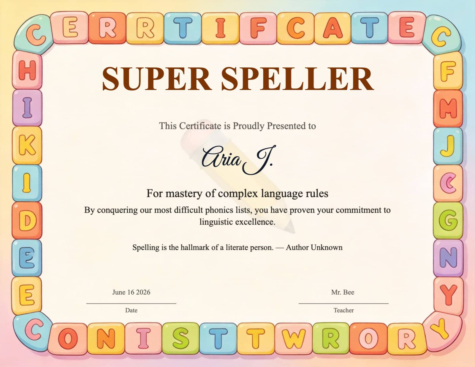 Colorful Alphabet Block 'Super Speller' Certificate