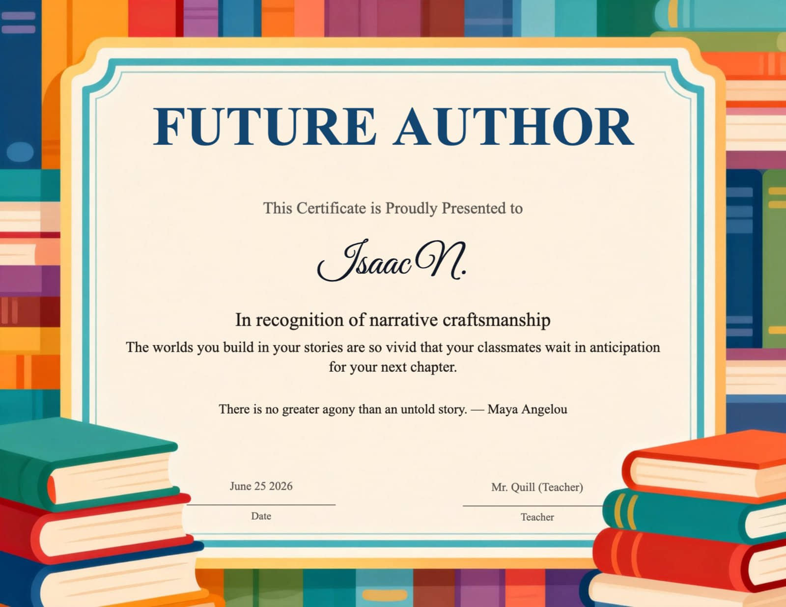 Colorful Bookshelf-Themed Future Author Certificate