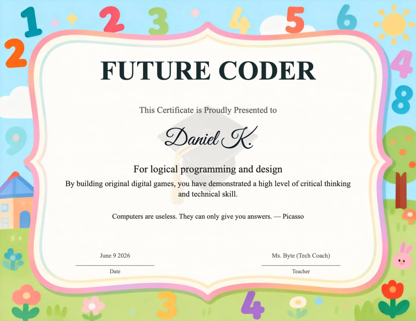 Colorful Future Coder Certificate with Number Theme
