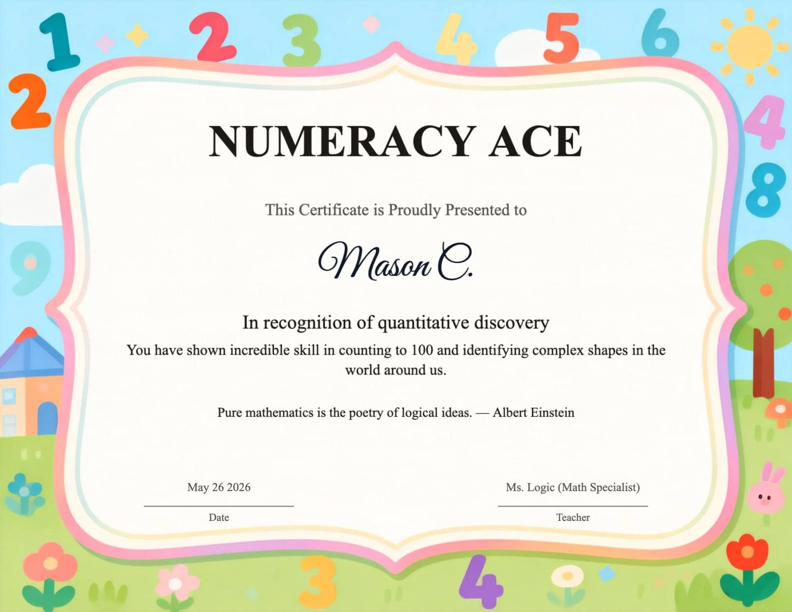 Colorful Number-Themed 'Numeracy Ace' Certificate
