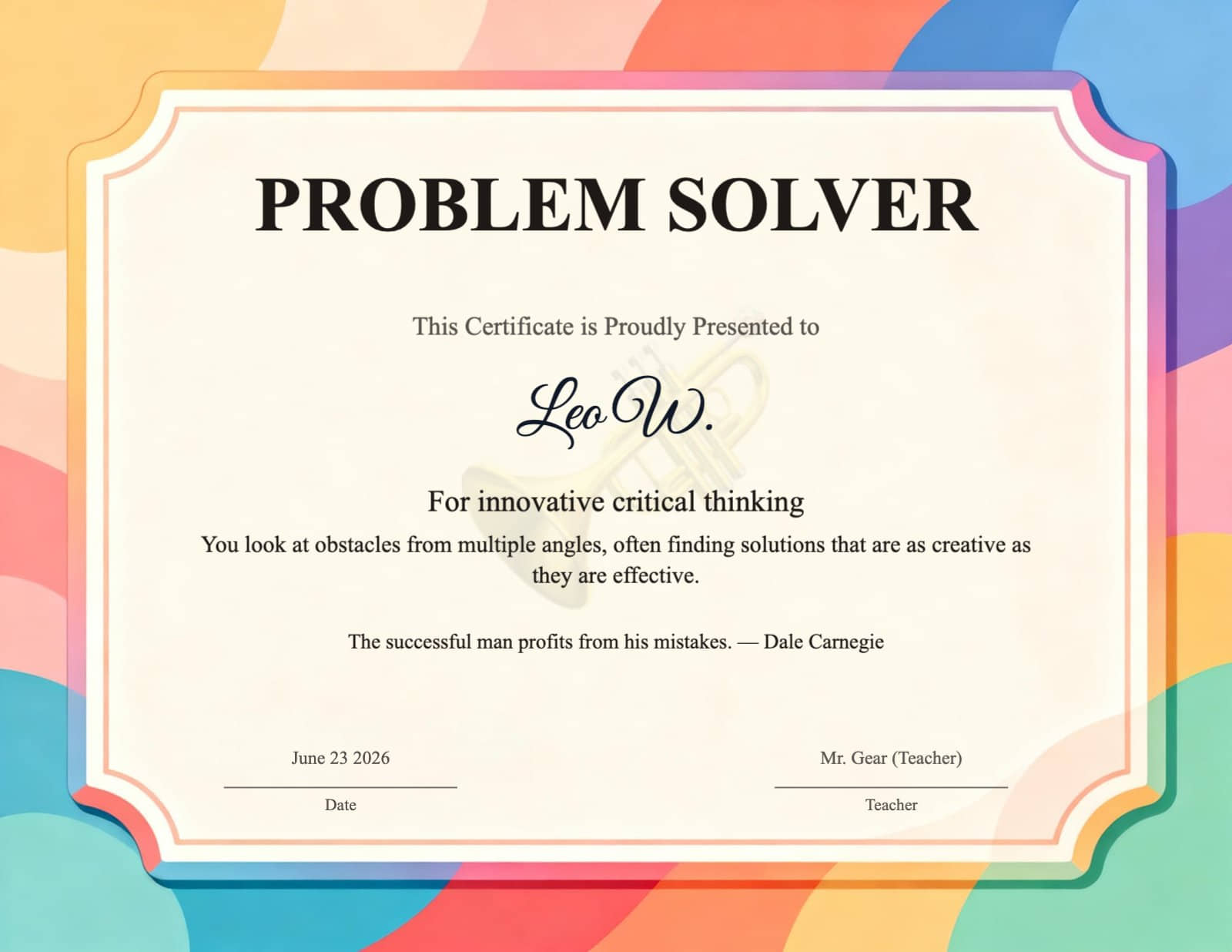Colorful Problem Solver Certificate with Wavy Border