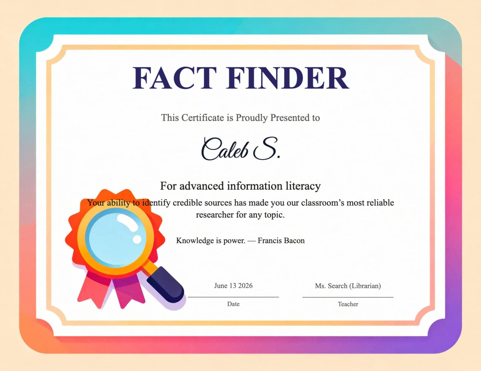 Fact Finder Certificate with Magnifying Glass Badge