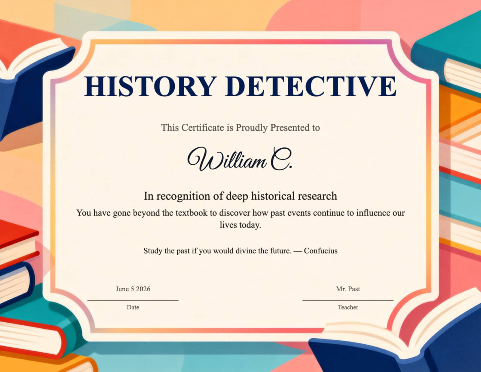 History Detective Certificate with Bookshelf Theme