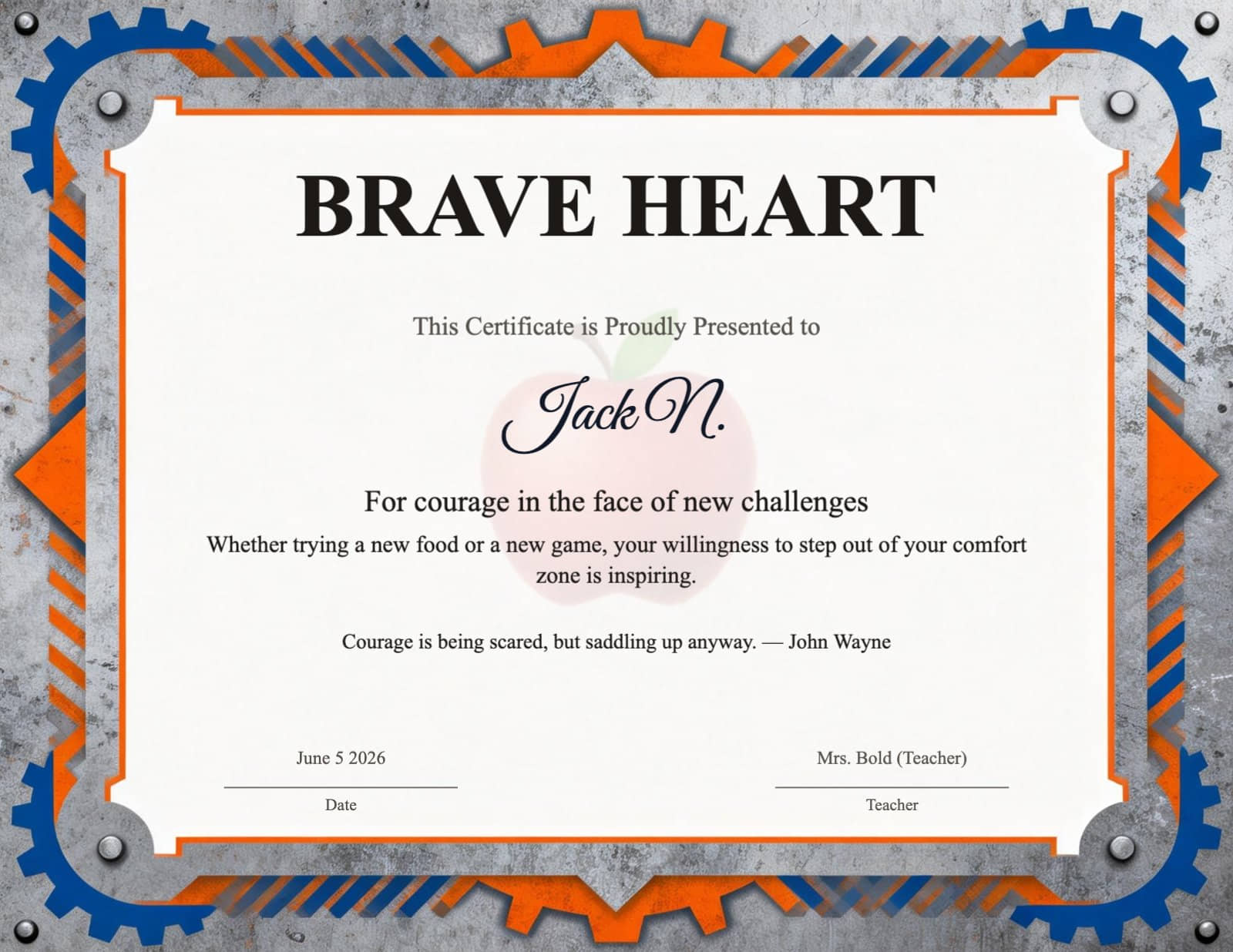 Industrial Gear-Frame Brave Heart Certificate