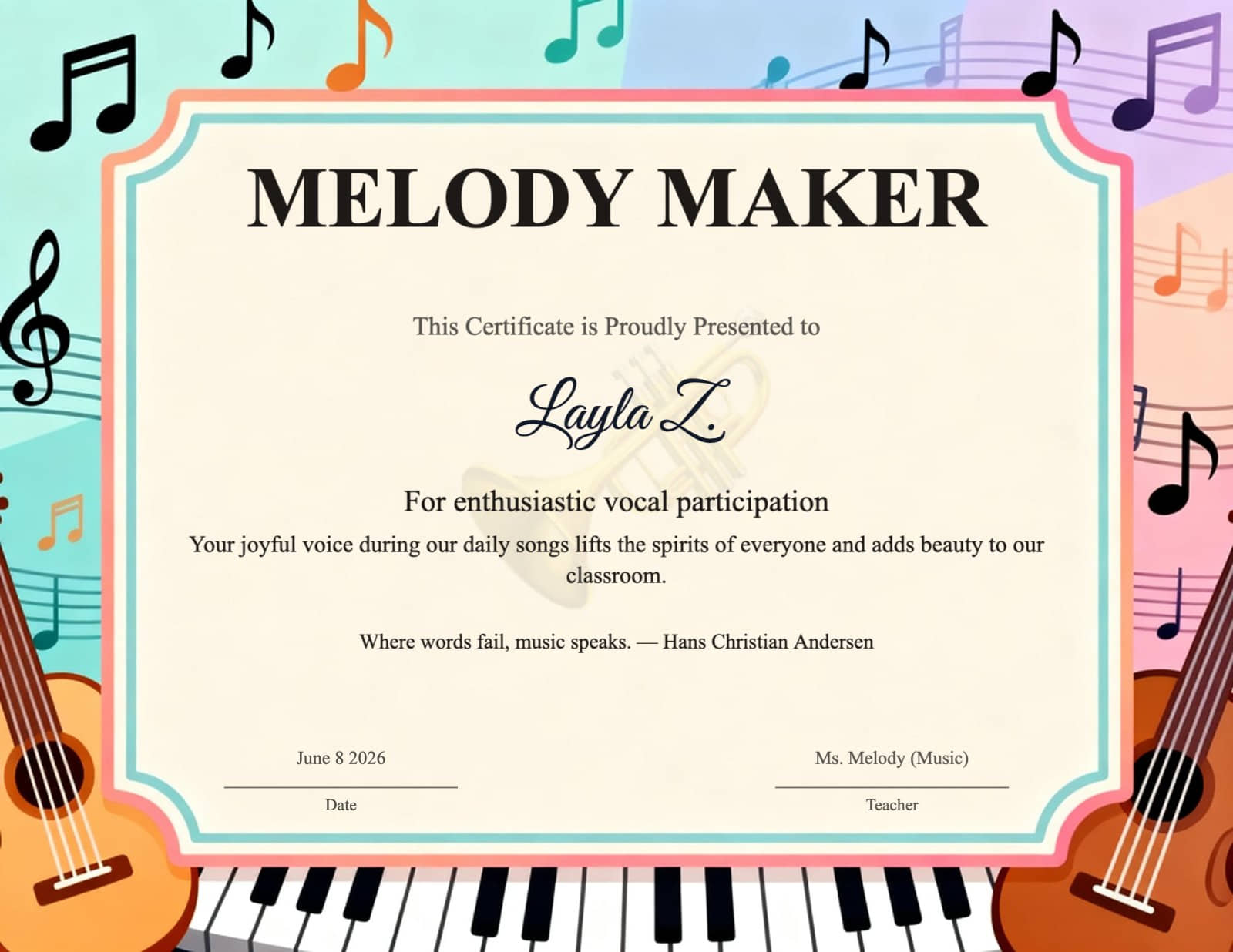 Musical Notes & Instruments 'Melody Maker' Certificate
