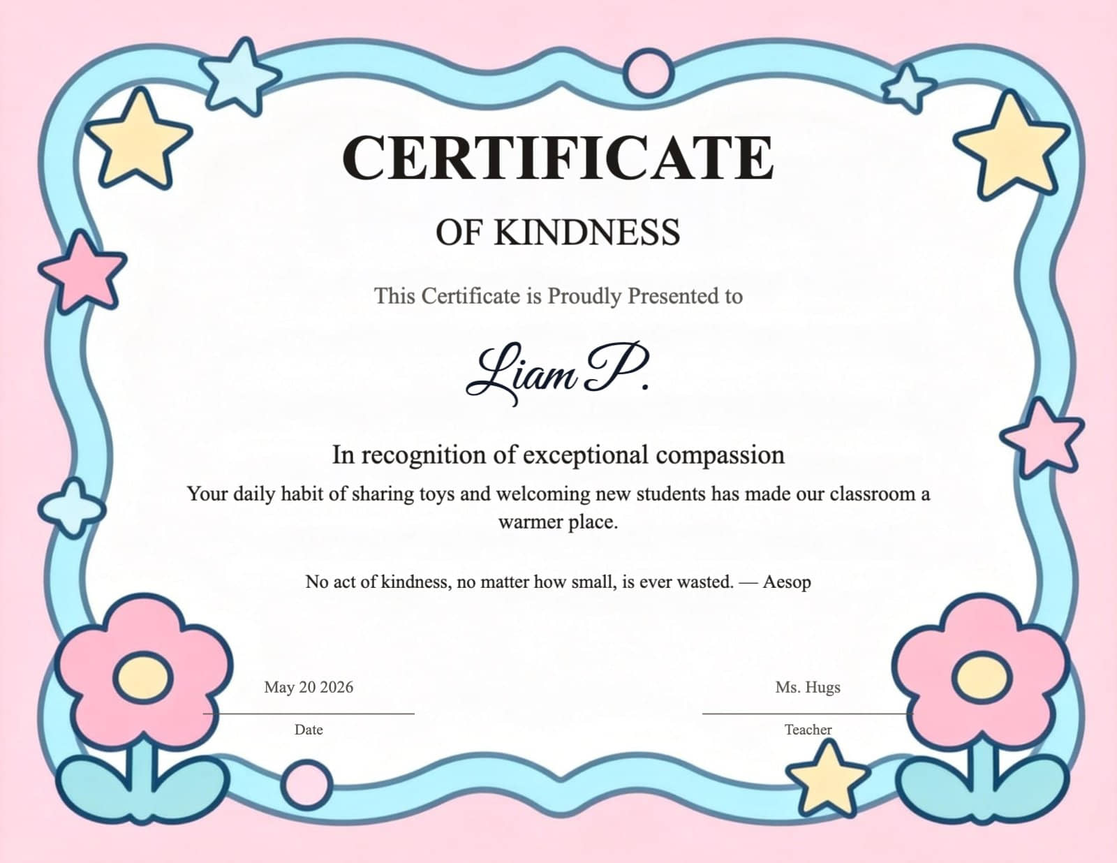 Pastel Star and Flower Certificate of Kindness