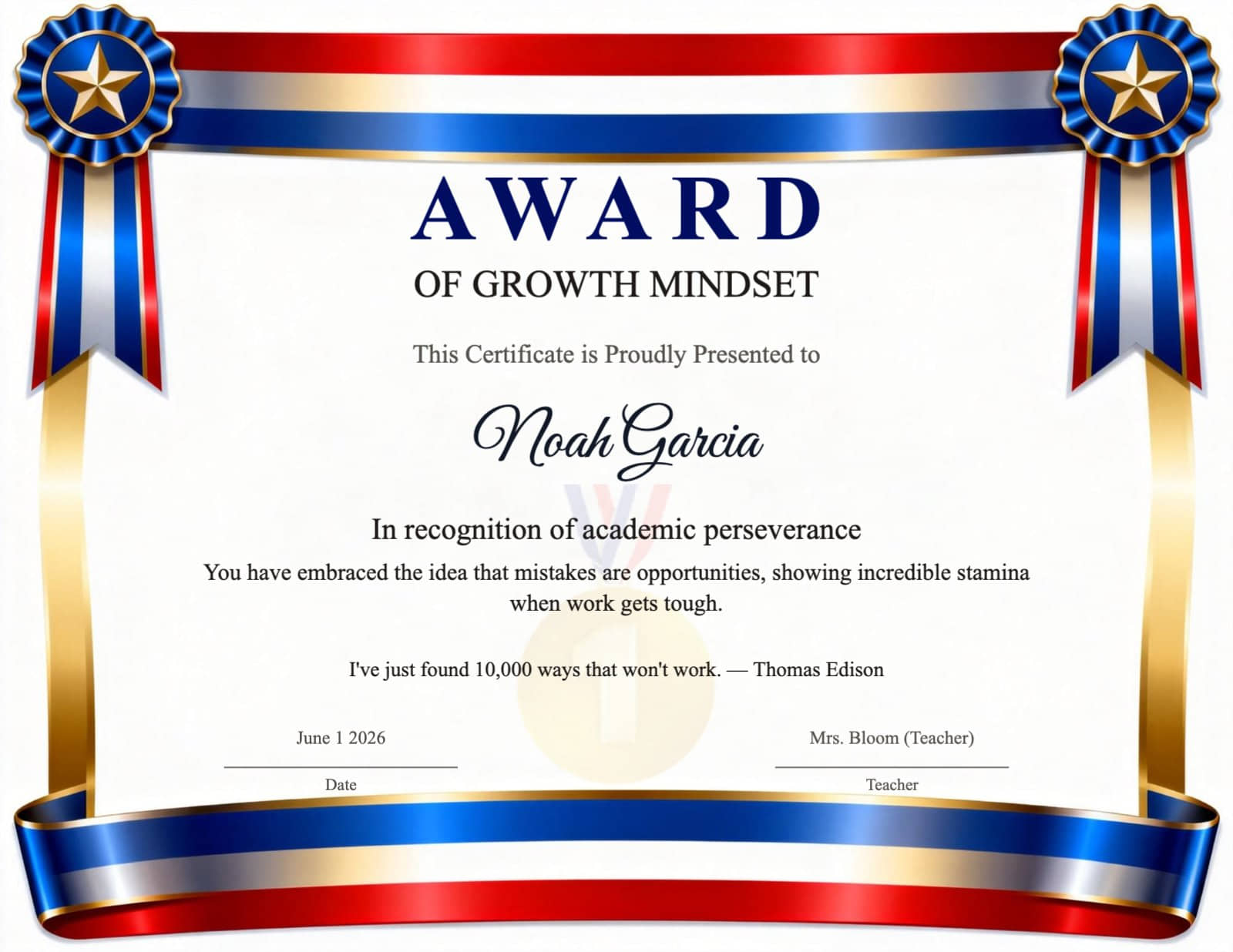 Patriotic Ribbon Award of Growth Mindset