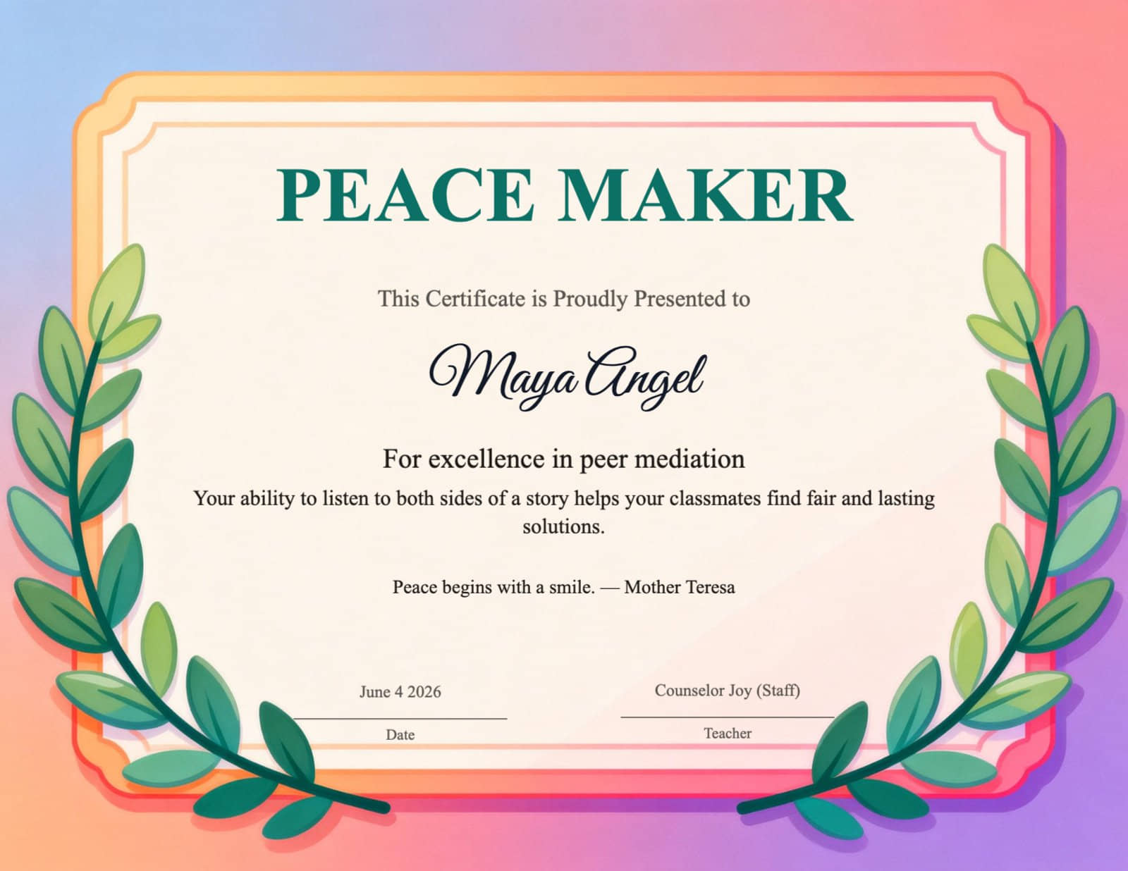 Peace Maker Certificate with Leafy Wreath Border