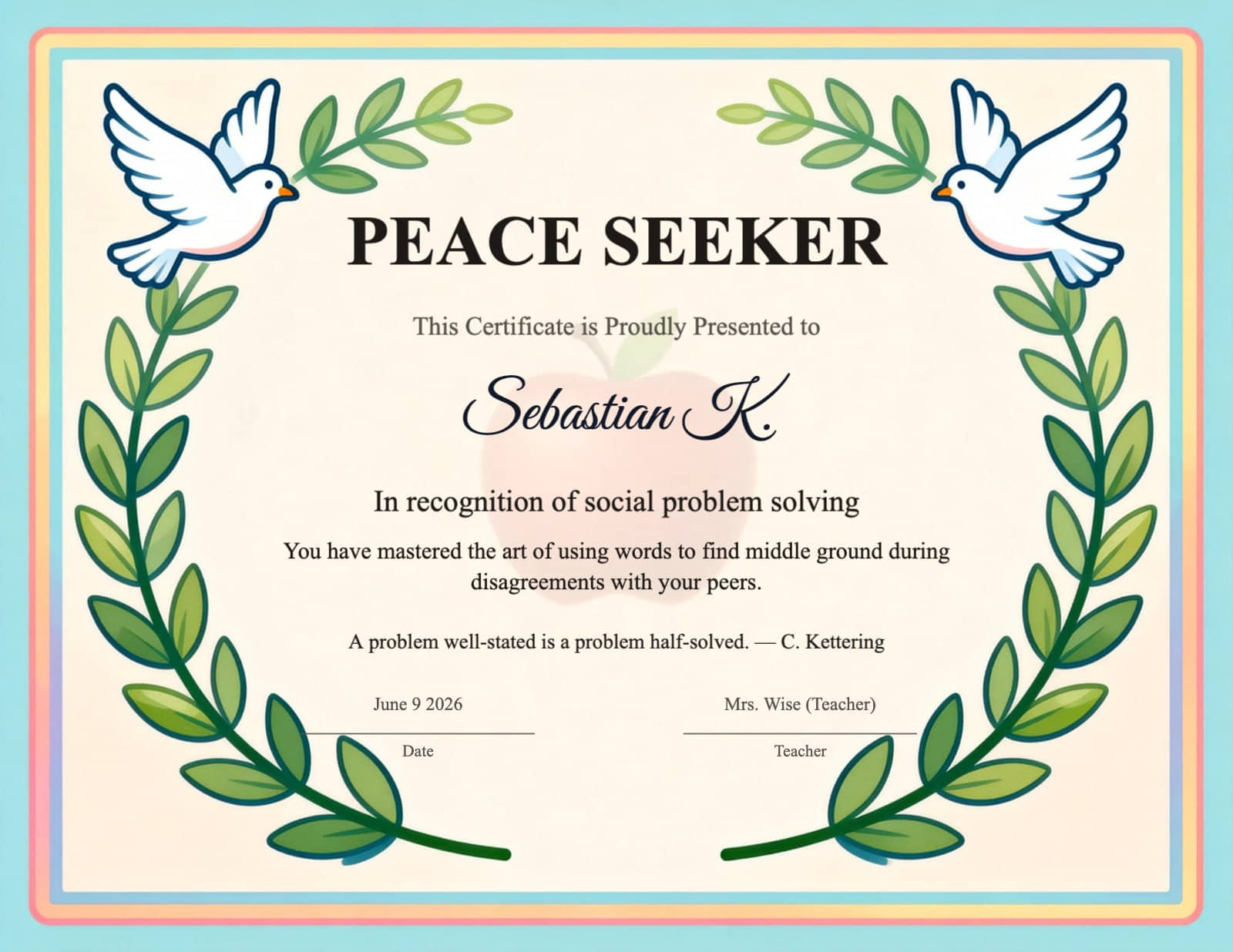 Peace Seeker Certificate with Dove and Laurel Wreath