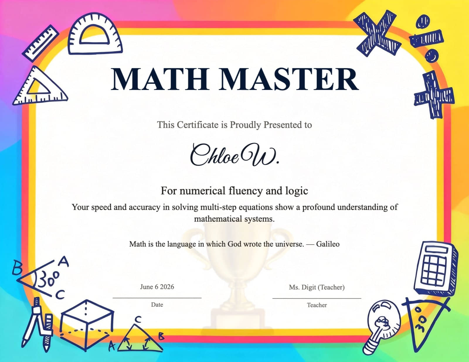Rainbow Math Master Certificate with Geometry & Symbols