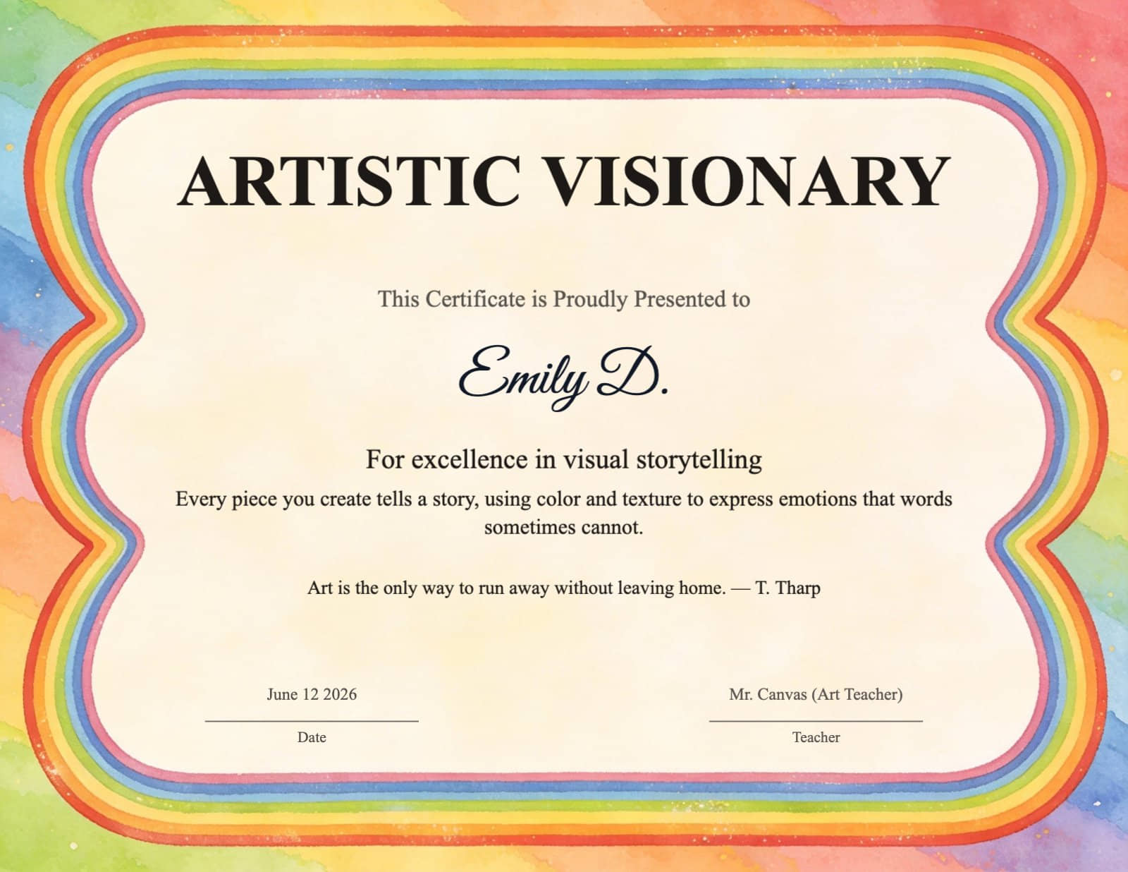 Rainbow Watercolor Artistic Visionary Certificate