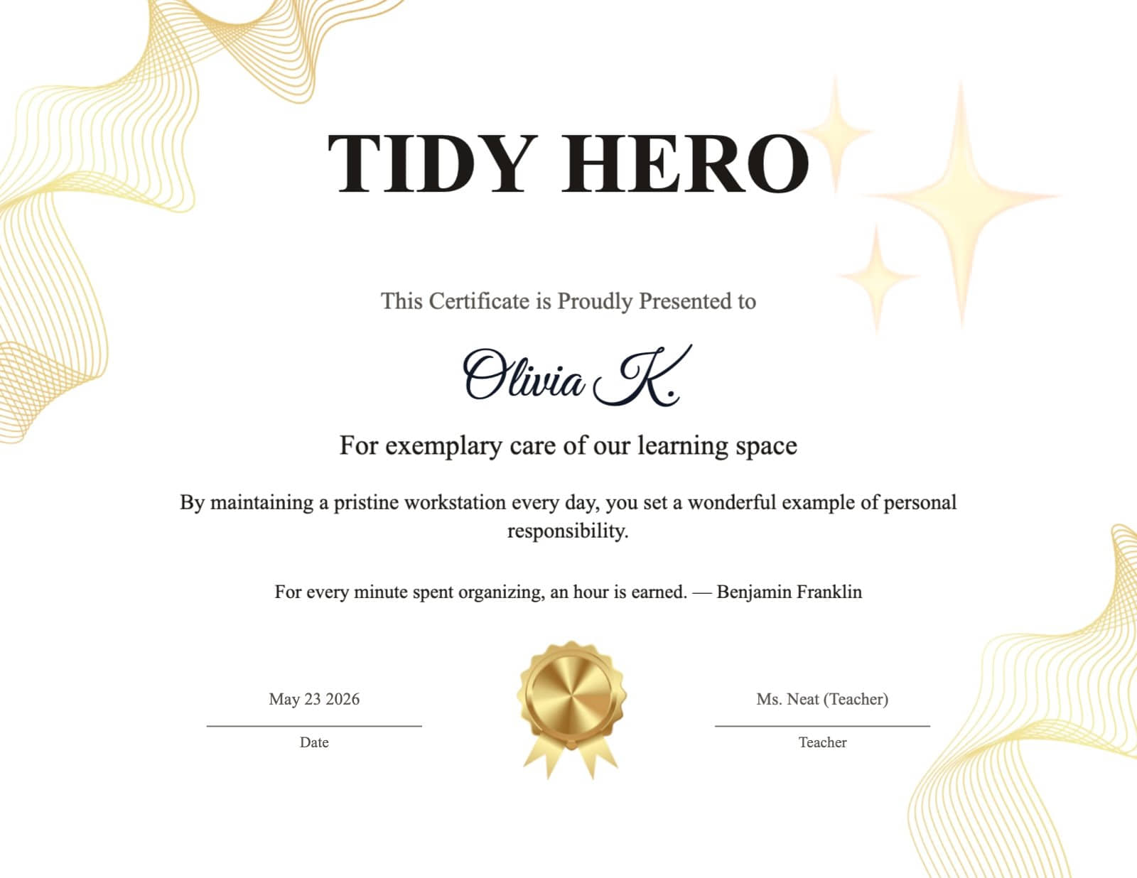Tidy Hero Certificate with Gold Swirls and Stars