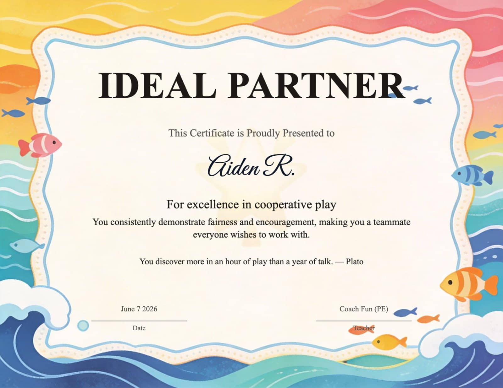 Underwater Ocean Theme Ideal Partner Certificate