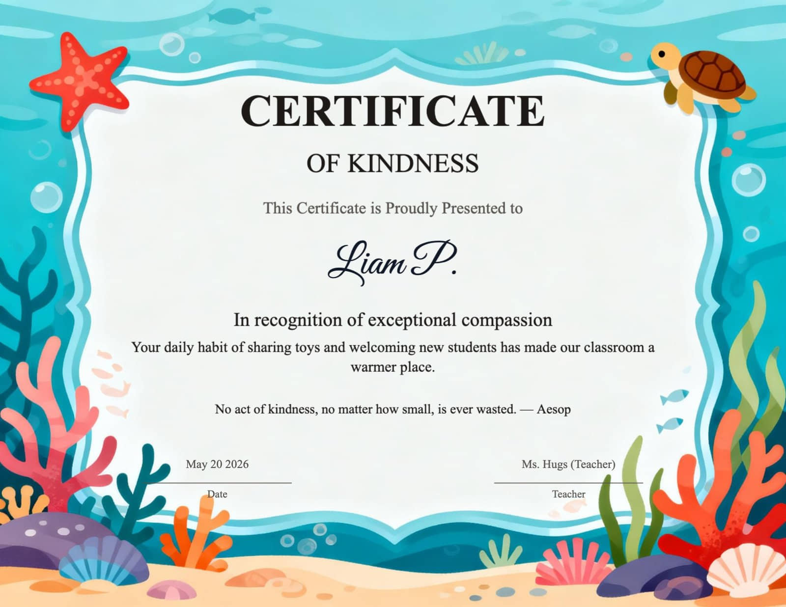 Underwater Theme Certificate of Kindness