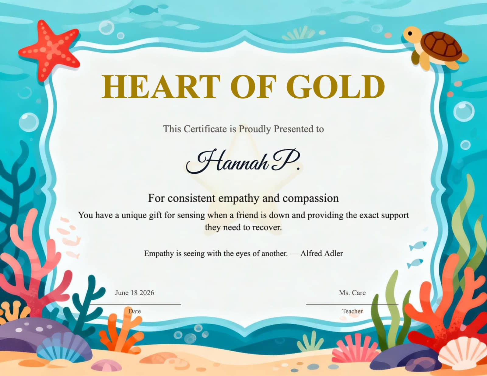 Underwater Theme 'Heart of Gold' Empathy Certificate