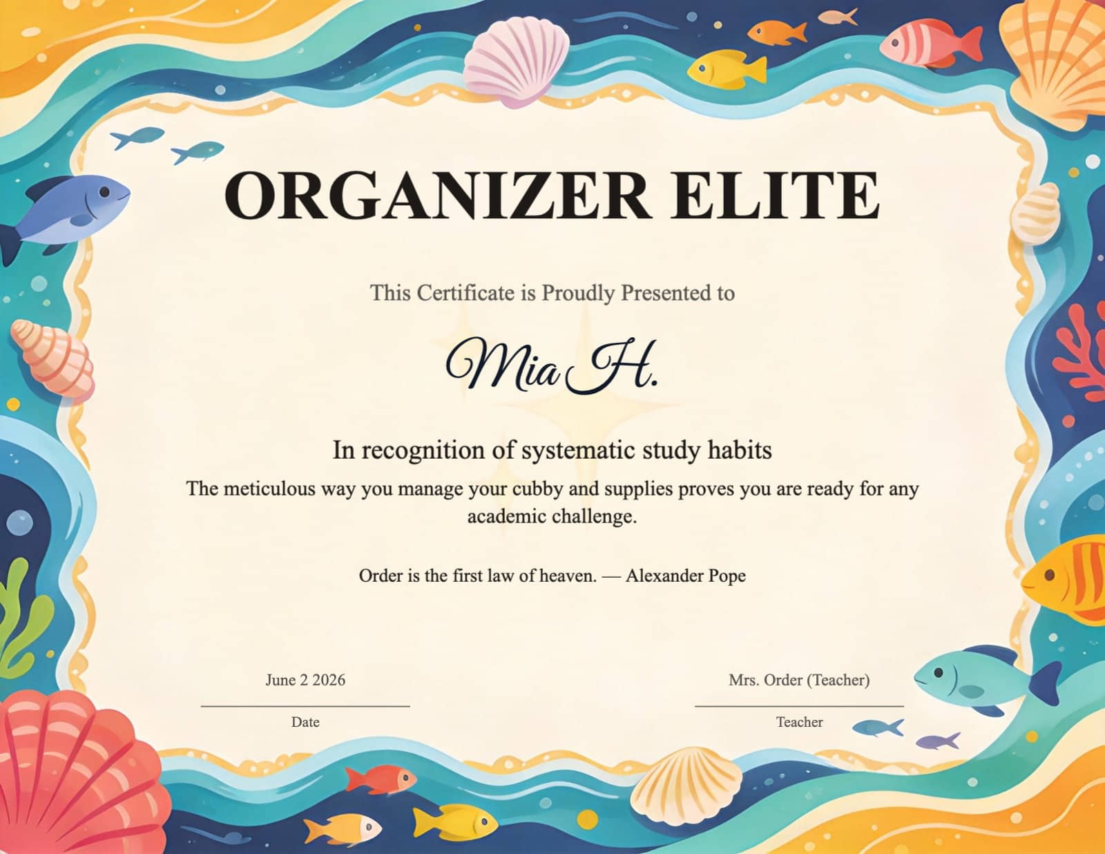 Underwater Theme Organizer Elite Certificate