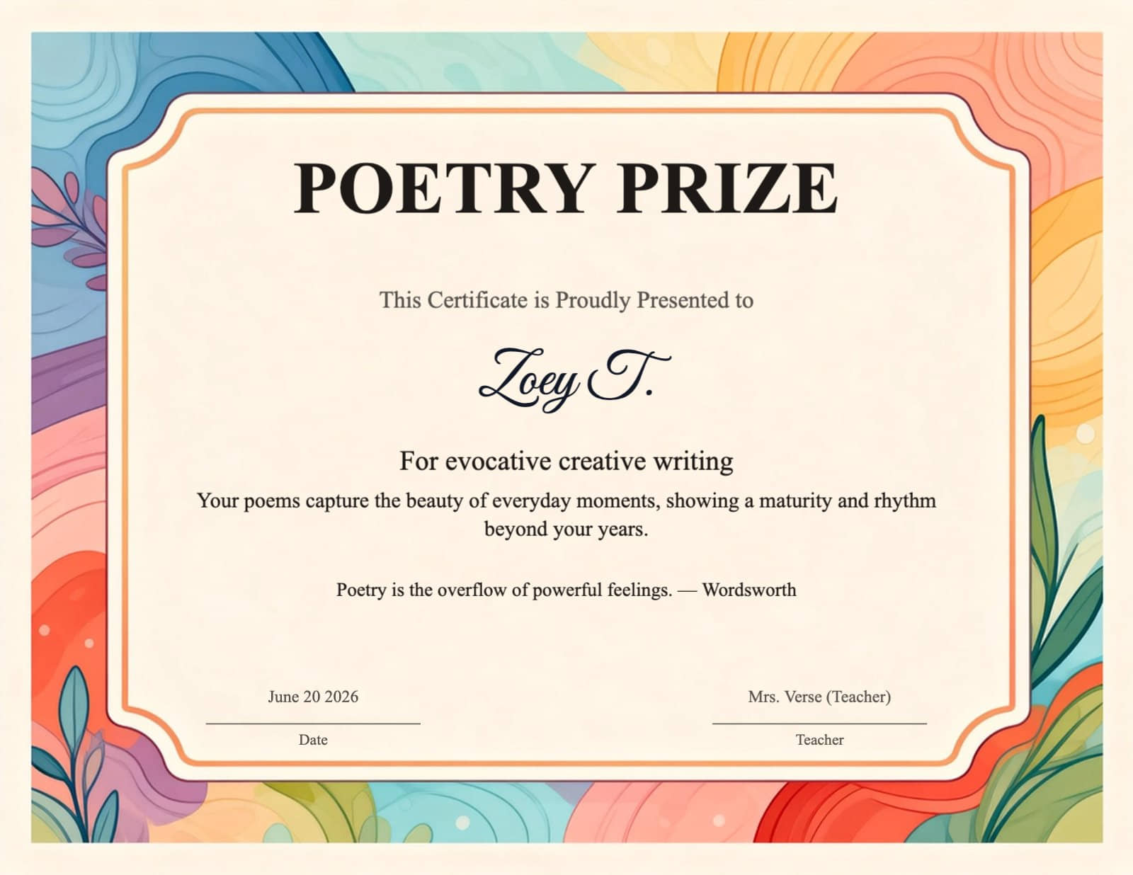Vibrant Floral Poetry Prize Certificate