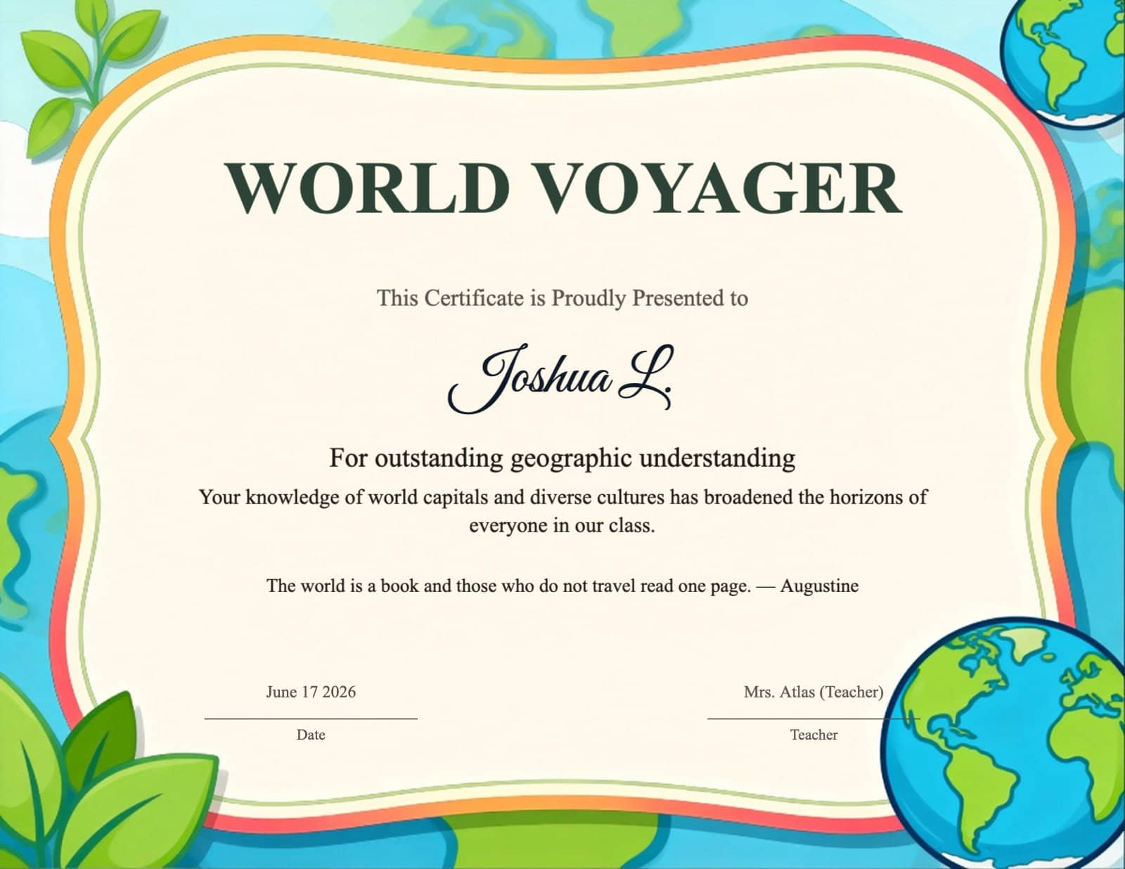 World Voyager Certificate with Globe and Leaf Border